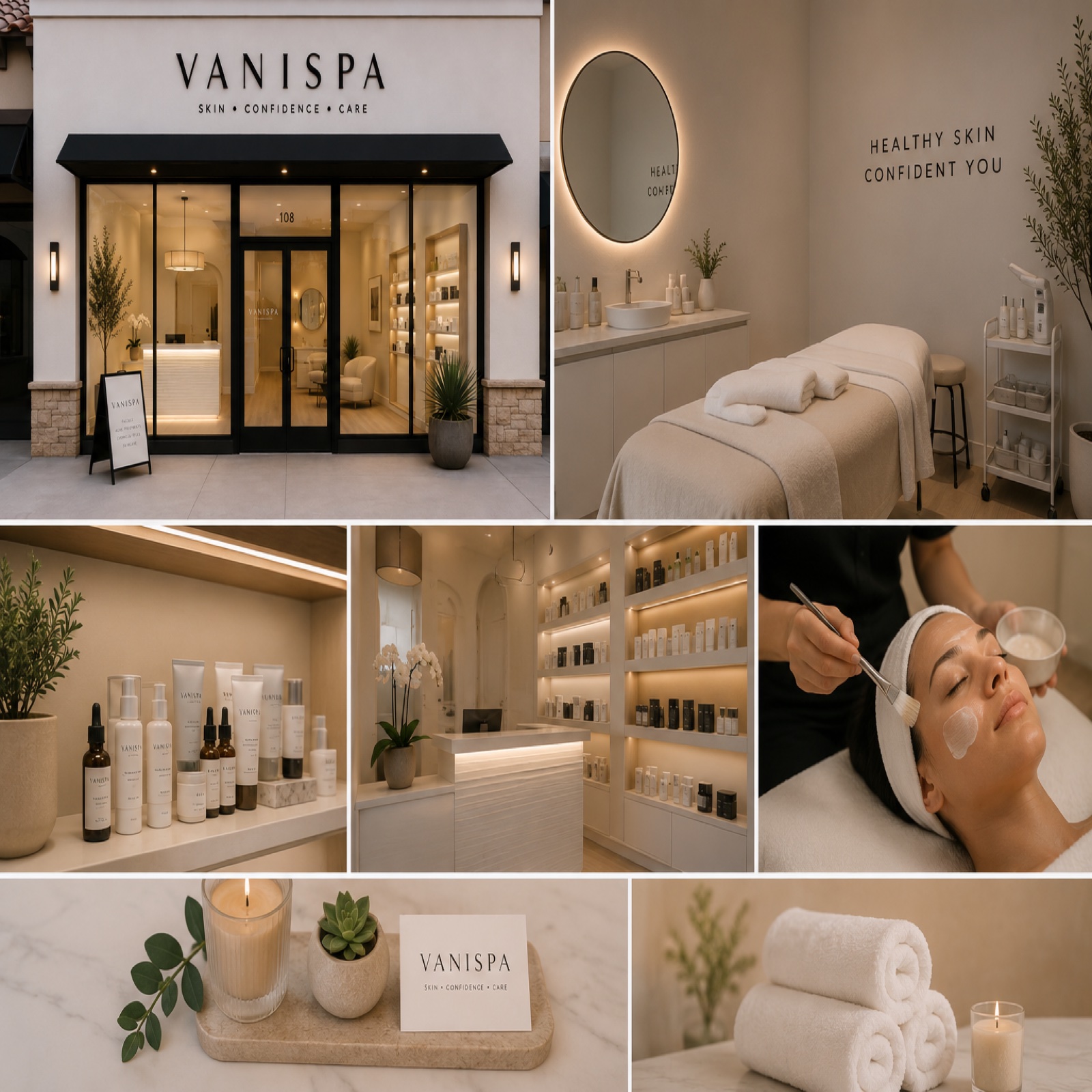 Vani Spa concept collage — storefront, treatment, products, ambiance