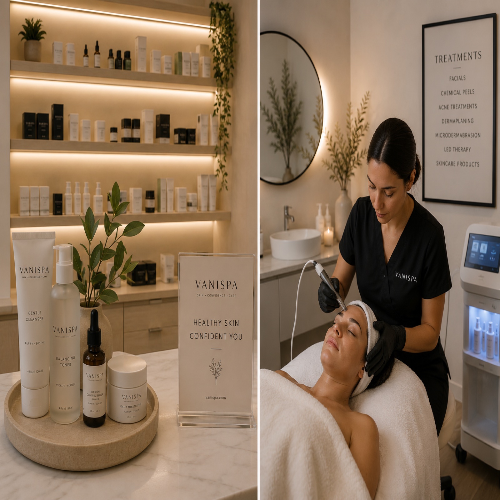 Vani Spa interior concept — product shelf and treatment room
