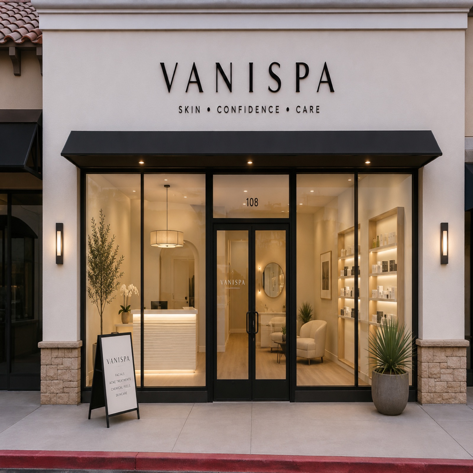 Vani Spa storefront concept — warm modern facade